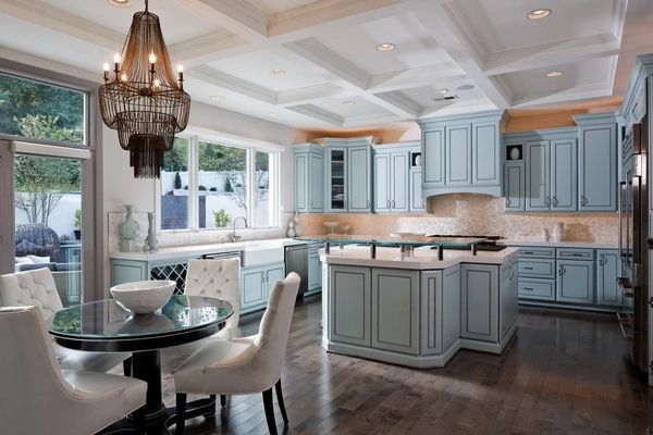 Luxurious modern kitchen with blue-gray cabinetry
